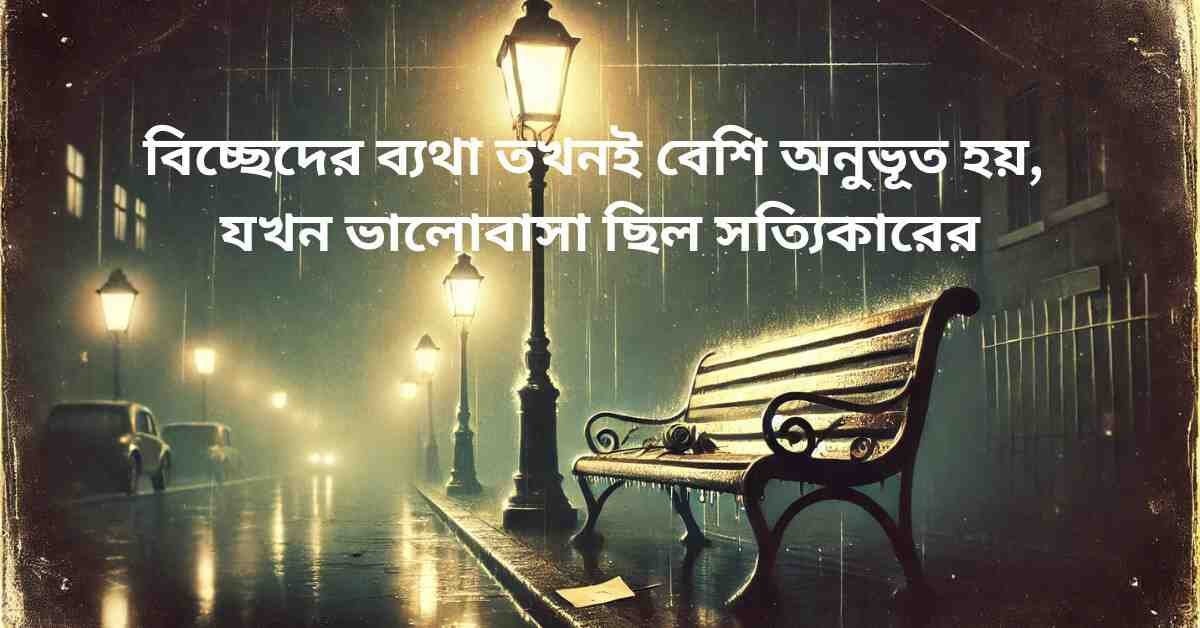 Bengali broken heart quote with a lonely bench under rain