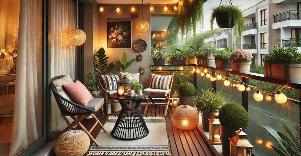 Cozy balcony with string lights and plants