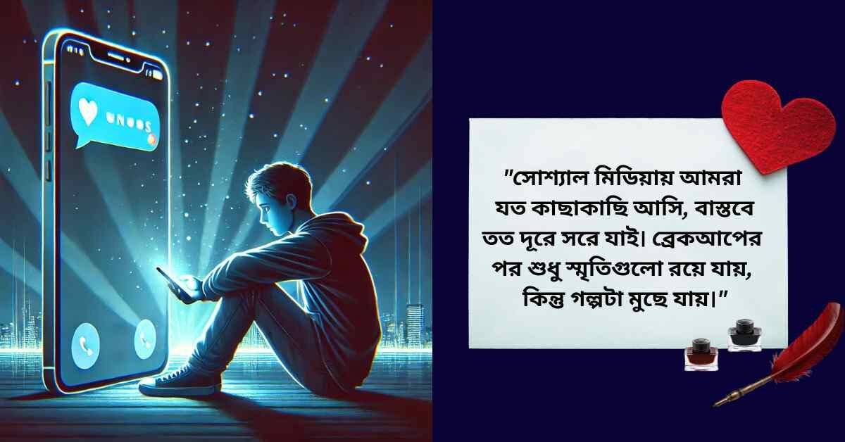 Emotional Bengali quote on social media and distant relationships with a boy and phone illustration.