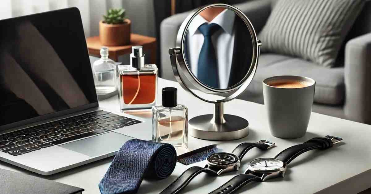 Office desk with essential grooming items.