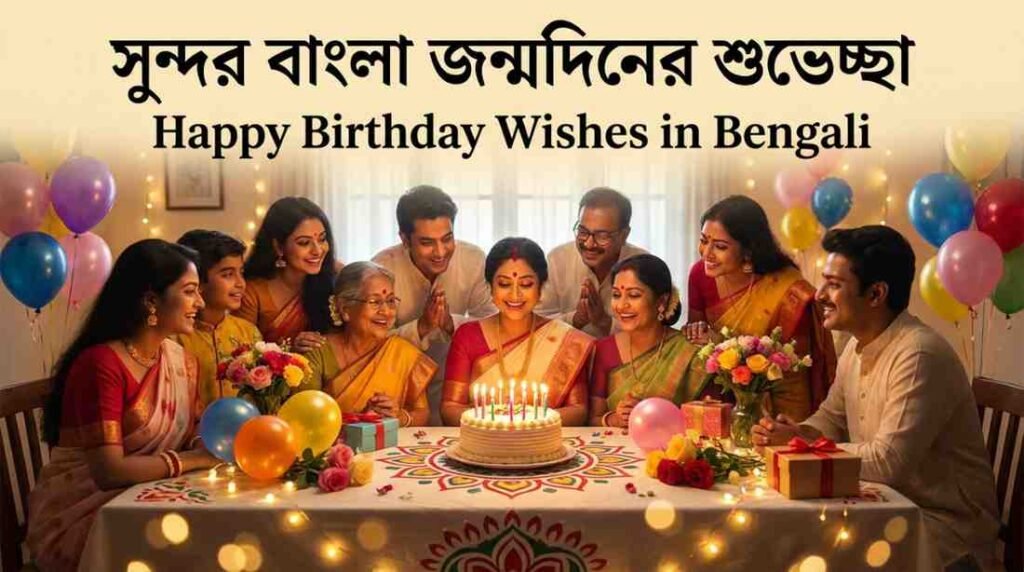 Happy Birthday Wishes in Bengali featuring a joyful birthday celebration with cake, family, and festive decorations