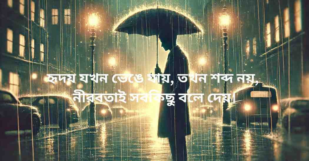 Bengali heartbreak quote with a person standing under an umbrella in the rain