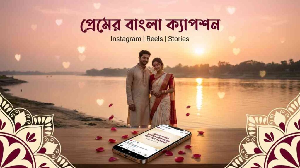Love Caption Bengali for Instagram featuring a romantic Bengali couple by a riverside at sunset