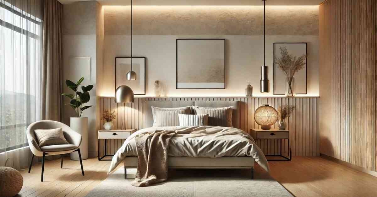 Modern cozy bedroom with warm lighting and minimalist decor