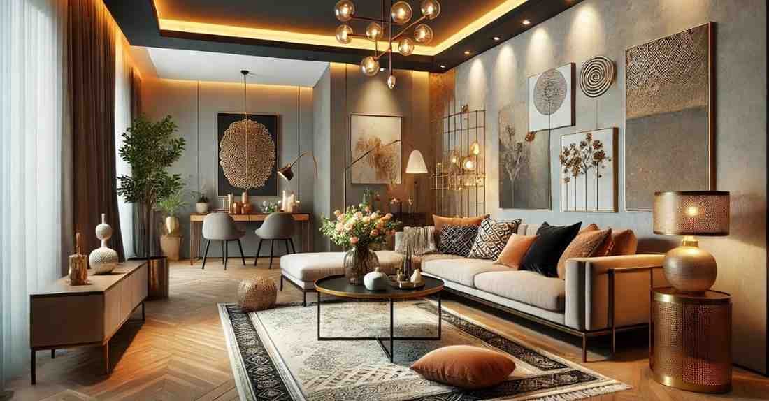 Stylish living room with elegant lighting and art
