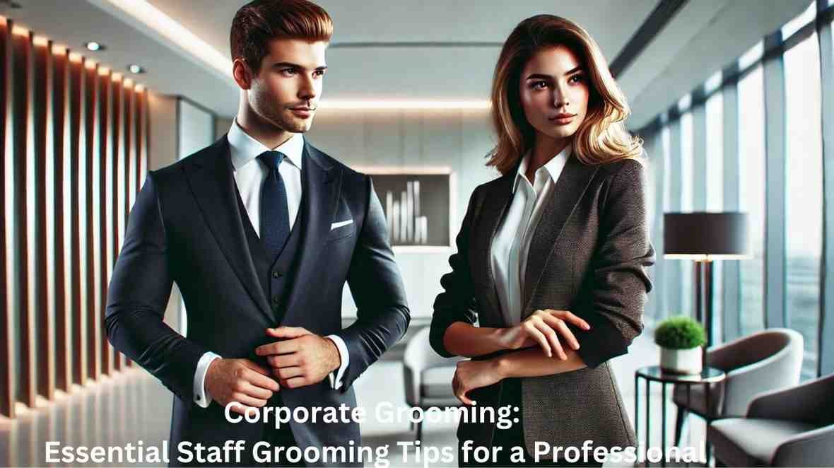 Corporate grooming - A professional man and woman in business attire discussing in a modern office setting.