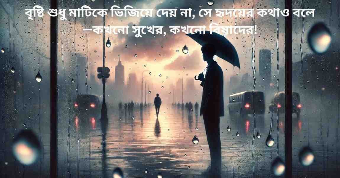 Bengali rainy day quote with a silhouette holding an umbrella and raindrops on glass