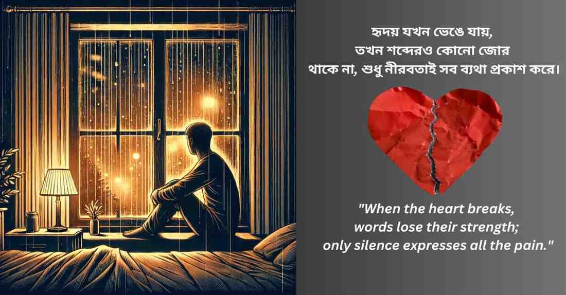Bengali sad love quote on heartbreak with a person sitting by the window during rain