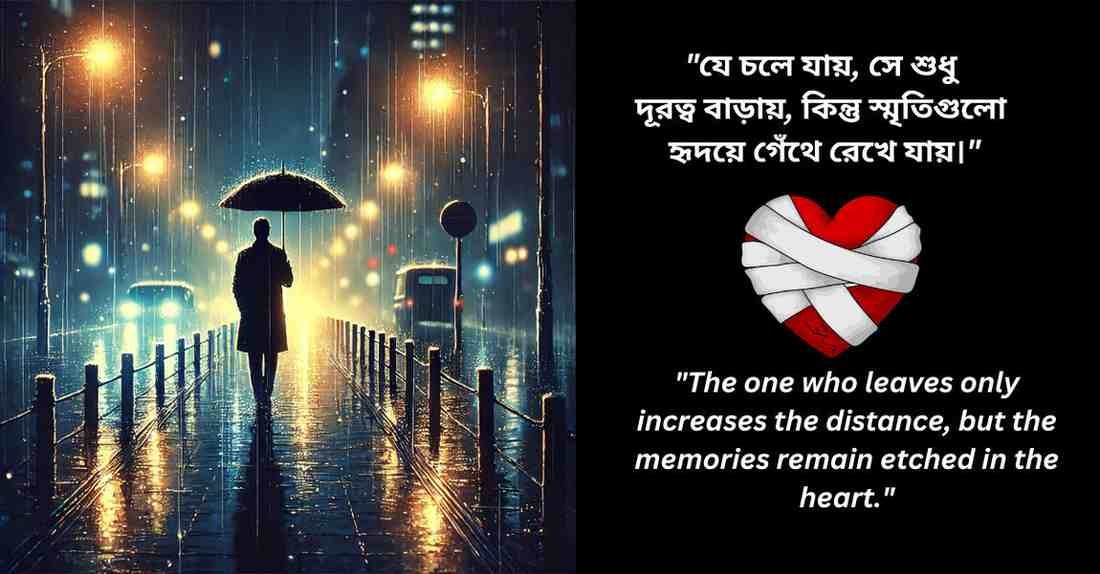 Emotional Bengali sad love quote with a rainy night scene and a broken heart