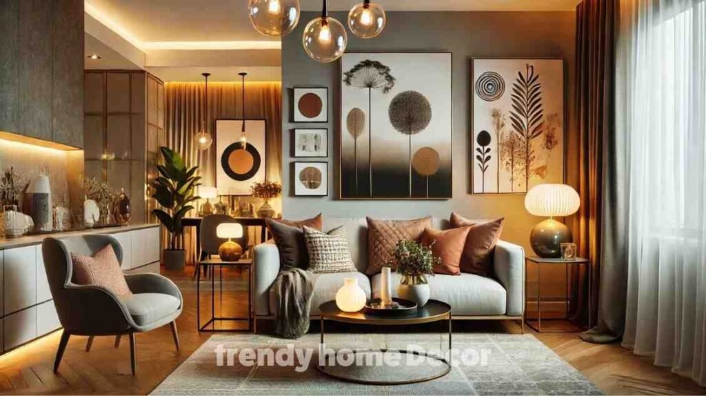 Stylish modern living room with warm lighting and abstract wall art