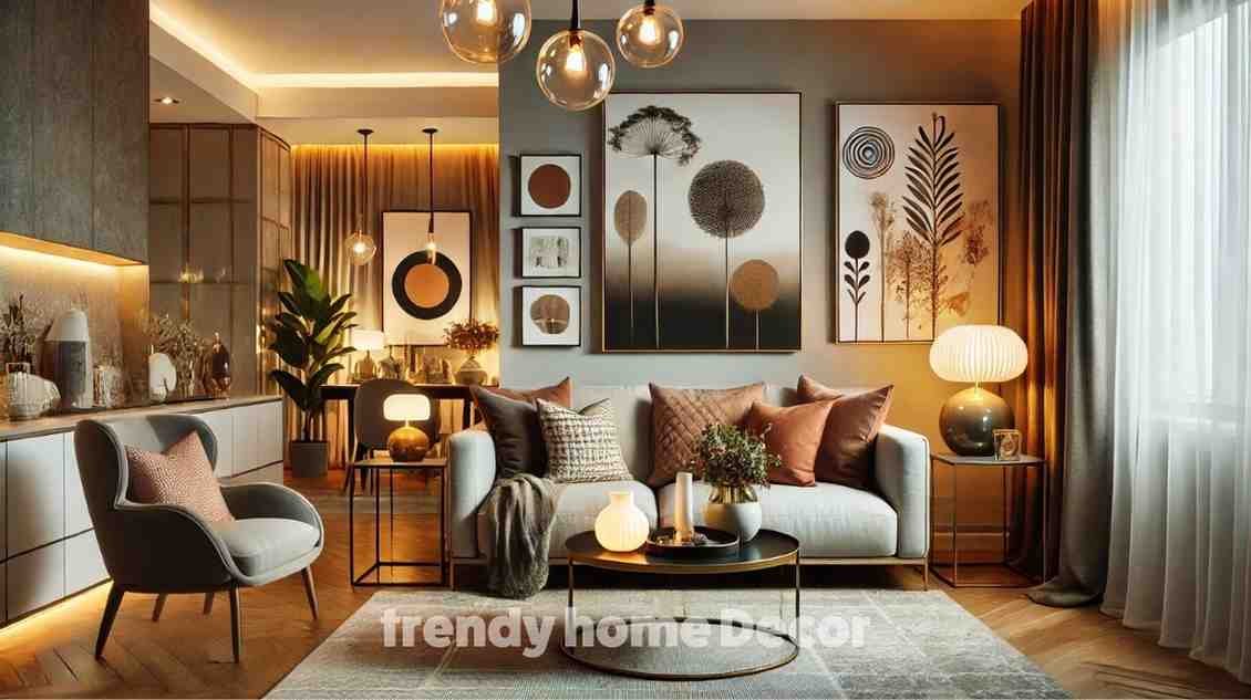 Stylish modern living room with warm lighting and abstract wall art