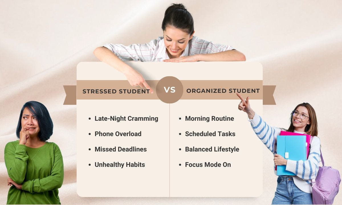 Contrast between a stressed student cramming at night and an organized student using a planner in daylight