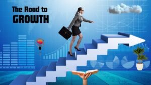 Growth mindset concept with businesswoman climbing stairs toward success.