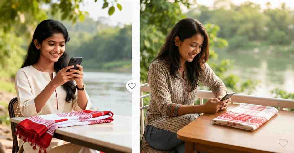 Assamese girl BF messages: young Assamese woman smiling at her phone with a red-and-white gamosa nearby, copy-ready messages for boyfriend in Assamese and English.