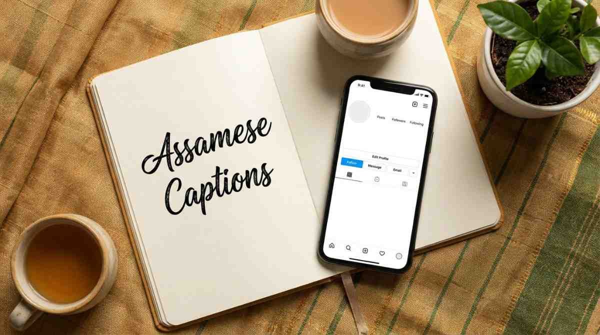 Assamese Instagram captions and social media content ideas displayed on a smartphone and notebook