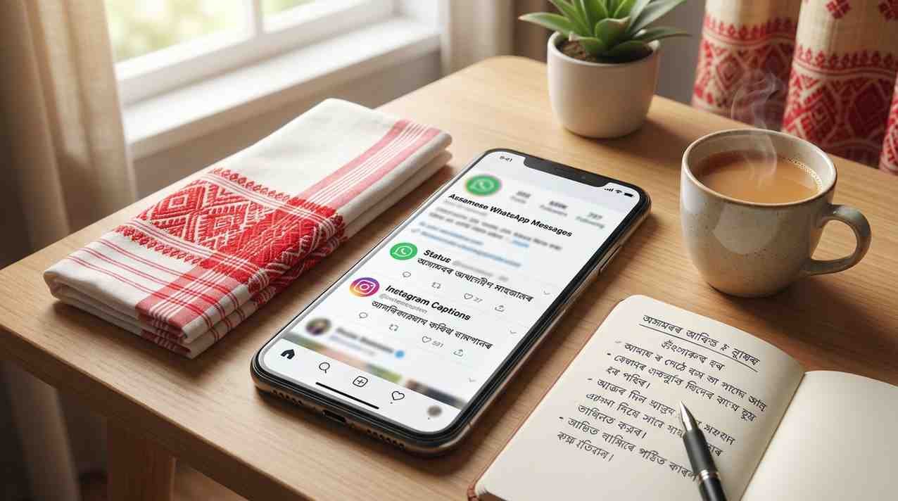 Assamese WhatsApp messages and status ideas displayed on a smartphone with traditional Assamese gamosa and tea cup
