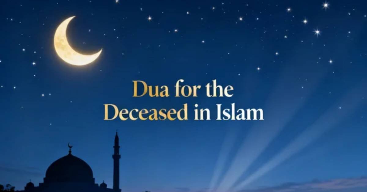 Peaceful Islamic night sky with crescent moon and mosque silhouette for dua for the deceased in Islam.