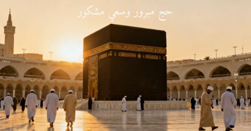 Hajj Mubarak wishes image showing the Holy Kaaba in Makkah at sunrise with pilgrims walking