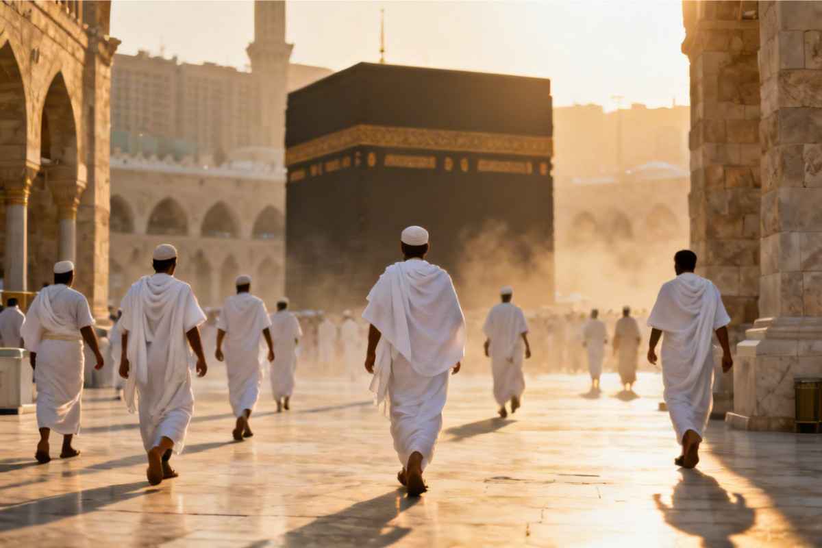 Hajj Mubarak wishes image showing pilgrims in ihram walking toward the Holy Kaaba at sunrise