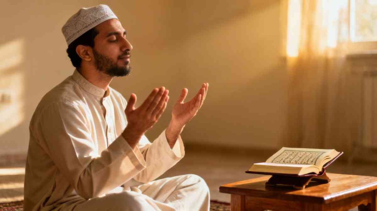 Islamic birthday wishes for brother with man raising hands in dua beside an open Quran