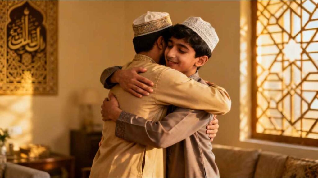 Islamic birthday wishes for brother showing two Muslim brothers hugging warmly in a peaceful home setting