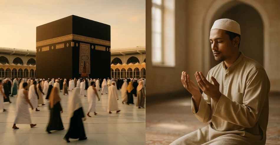 Muslim pilgrim making dua near the Kaaba during Umrah pilgrimage in Mecca