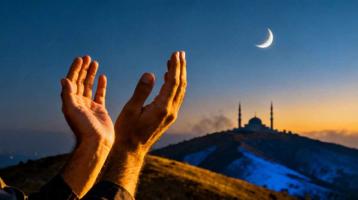 Hands raised in dua at sunset with mosque silhouette, expressing gratitude to Allah