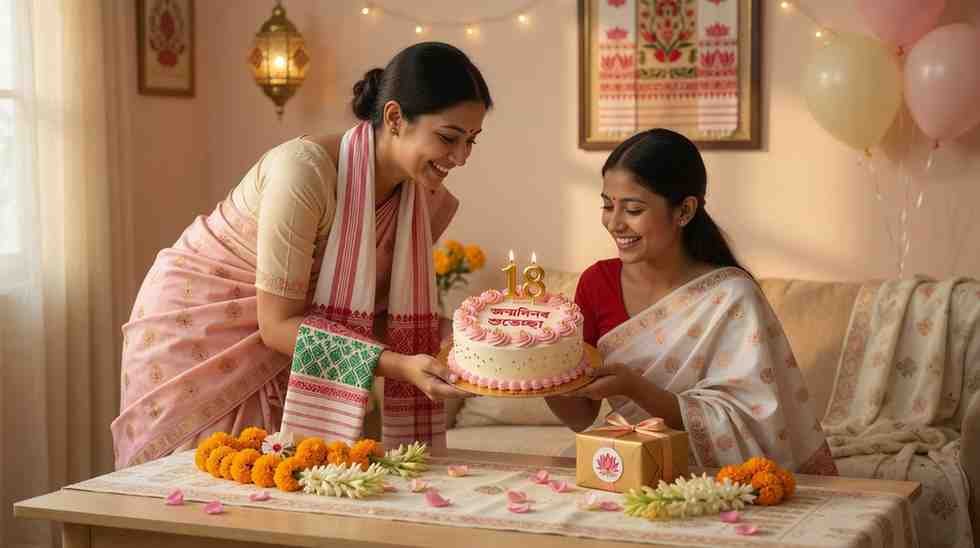 Birthday Wishes for Sister in Assamese featuring two sisters celebrating a birthday with cake gifts and heartfelt family moments