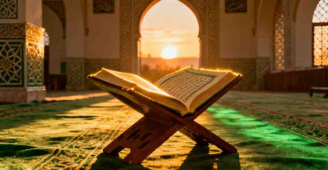 Open Quran in warm sunset light inside a peaceful mosque representing blessings of Allah quotes and gratitude in Islam.