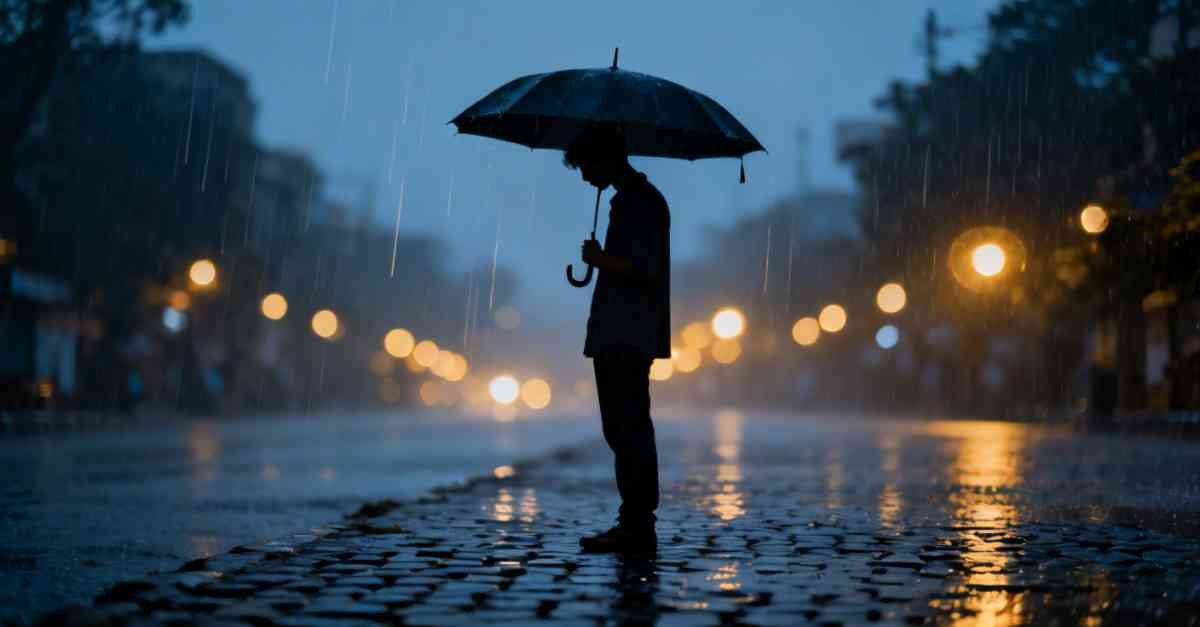 Breakup Caption Bangla – rainy Kolkata street, lone person under umbrella, heartbreak mood