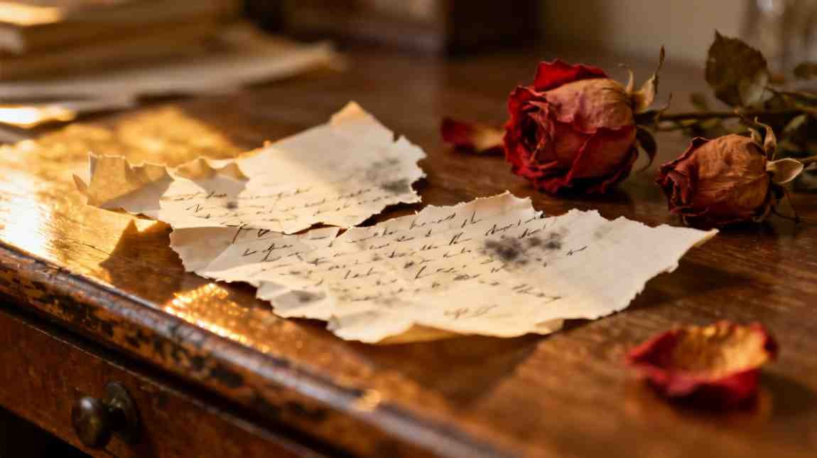 Torn love letter with dried rose—emotional reflection after breakup