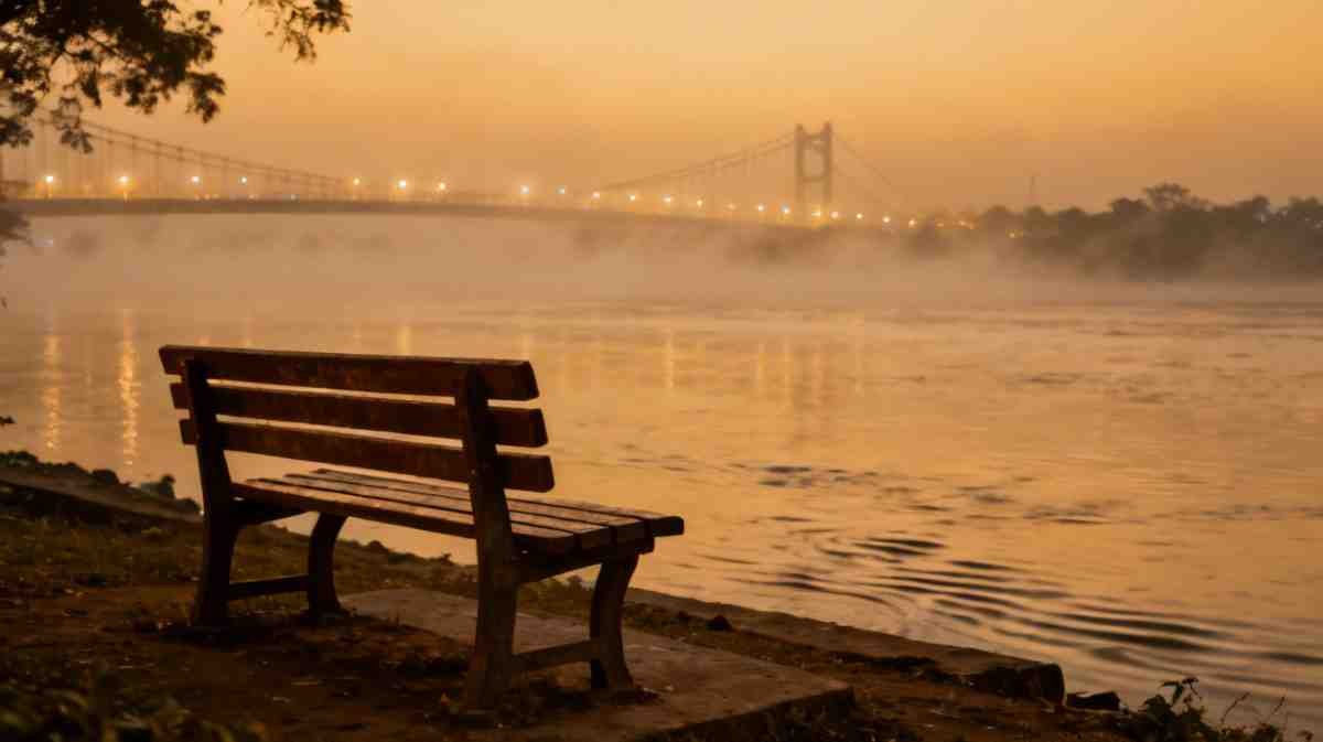 breakup shayari bangla — empty riverside bench symbolizing separation