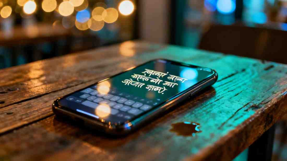 Typing Bengali heartbreak quote on phone — social media caption