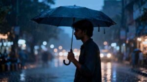 Broken Heart Quotes in Bengali – rainy Kolkata, lone person with umbrella, heartbreak mood