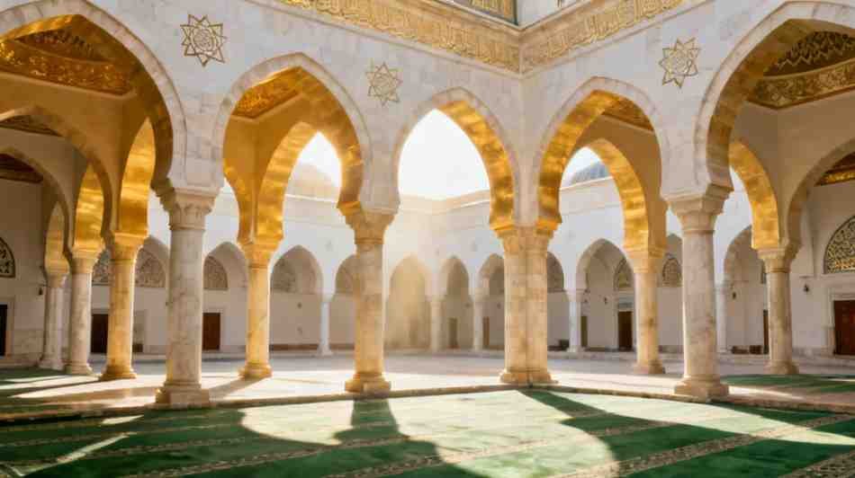 Peaceful mosque arches with warm sunlight symbolizing tawakkul.