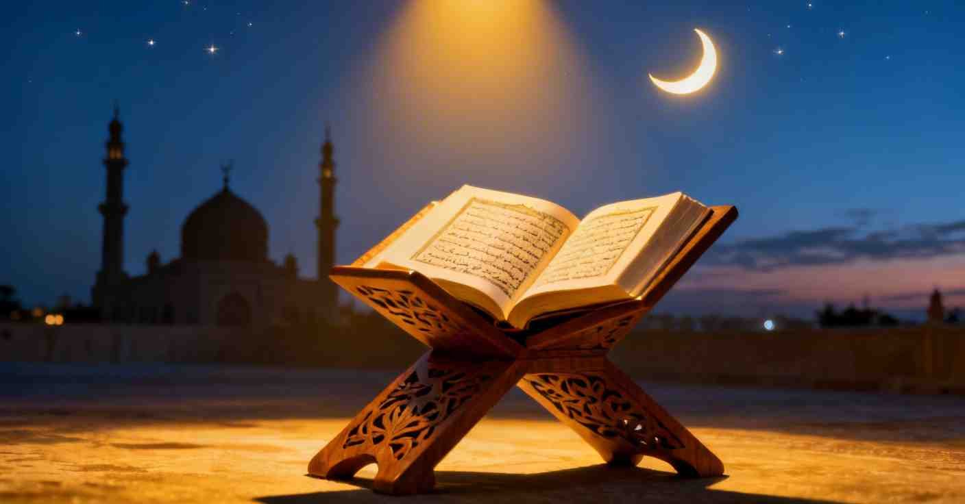 Faith in Allah quotes - spiritual scene with Quran, mosque, and crescent moon