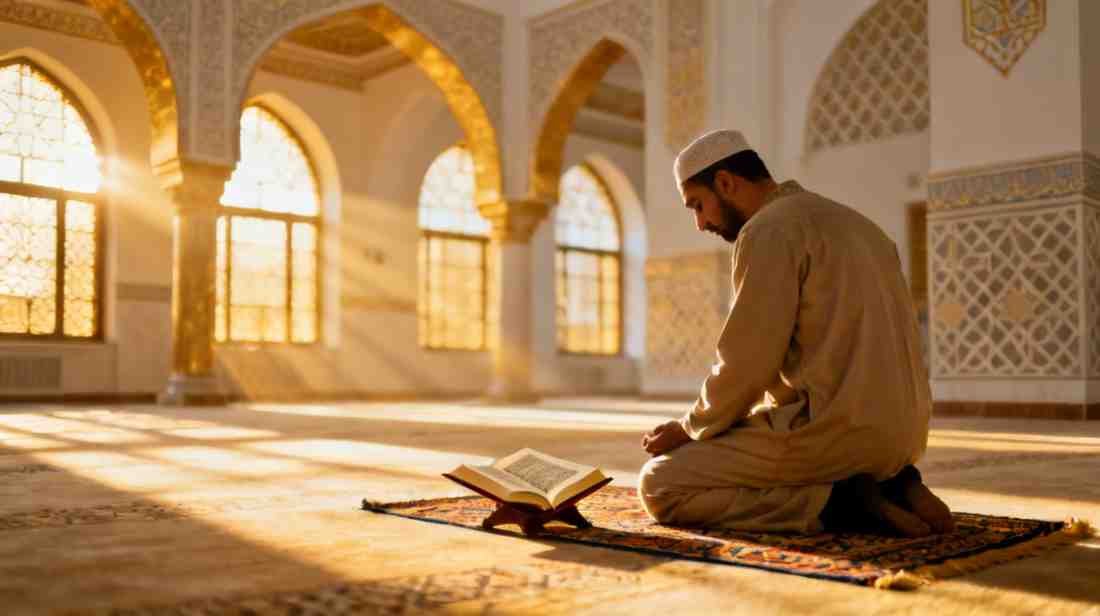Worshipper in prayer with sunbeams through mosque arches and Quran ahead