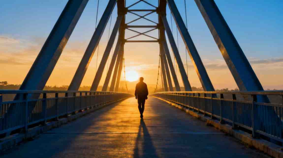 Moving forward — silhouette crossing bridge toward sunrise