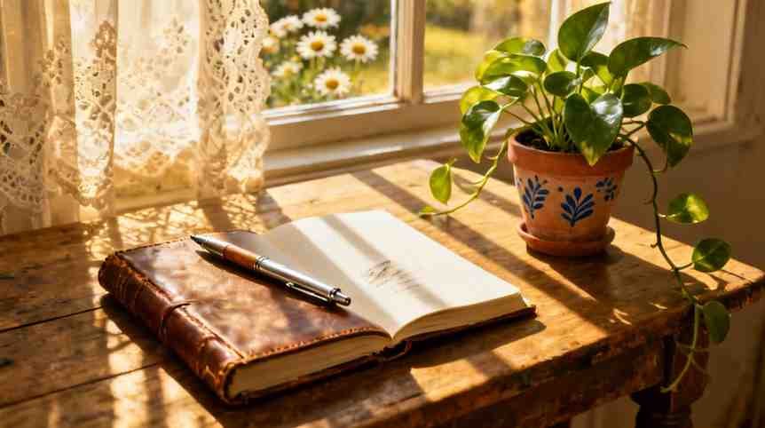 Reflection and healing — journal, pen, and plant by window