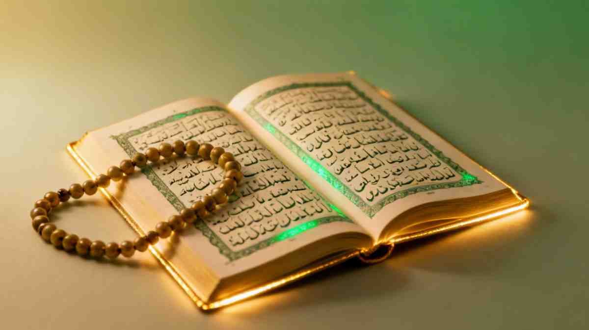 Close-up of Quran with tasbih in warm light and soft green tones.