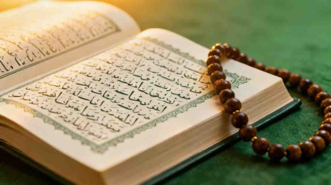 Open Quran with prayer beads under warm golden light