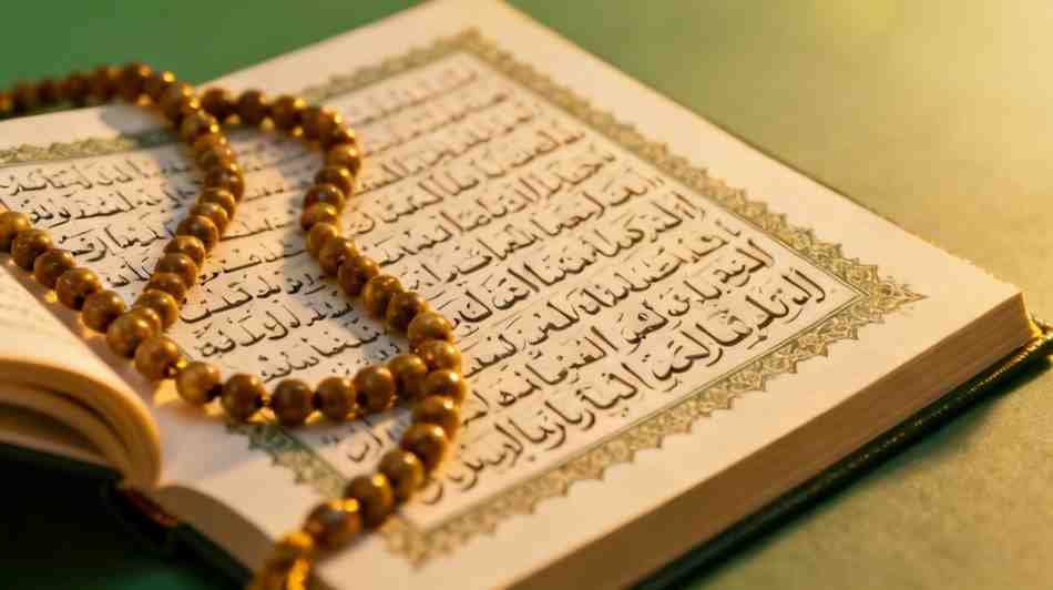 Open Quran and tasbih in warm light inspiring trust in Allah.