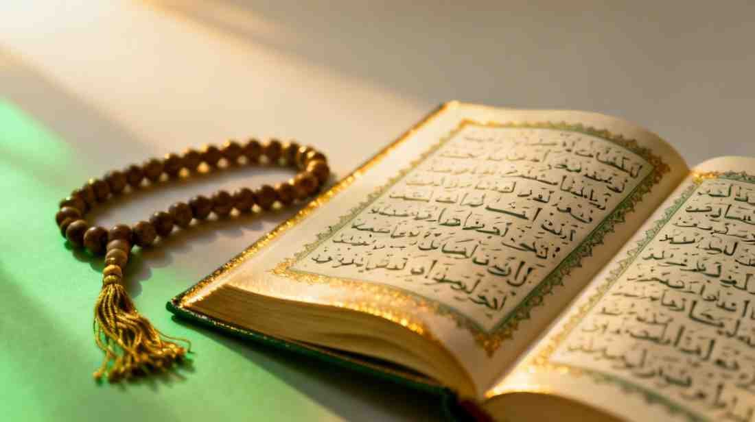 Open Quran with tasbih under warm light, a reminder to thank Allah