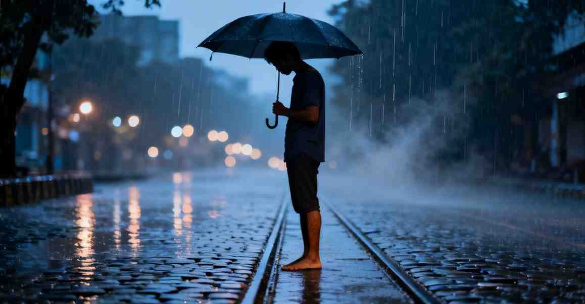 Sad Breakup Status Bangla – বৃষ্টিভেজা কলকাতার রাস্তায় একা মানুষ, ছাতা হাতে, মুডি টোন