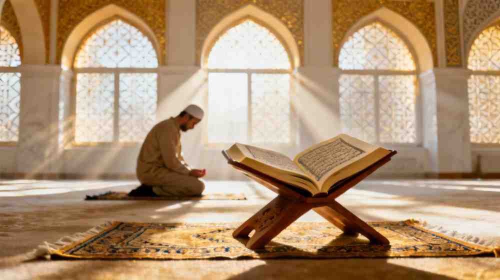 Person praying inside a mosque with open Quran on a wooden stand under soft sunlight