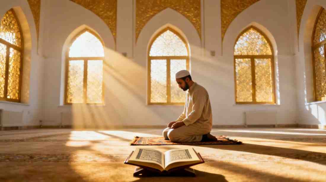 Person praying with sunbeams and open Quran, thanking Allah for His favors