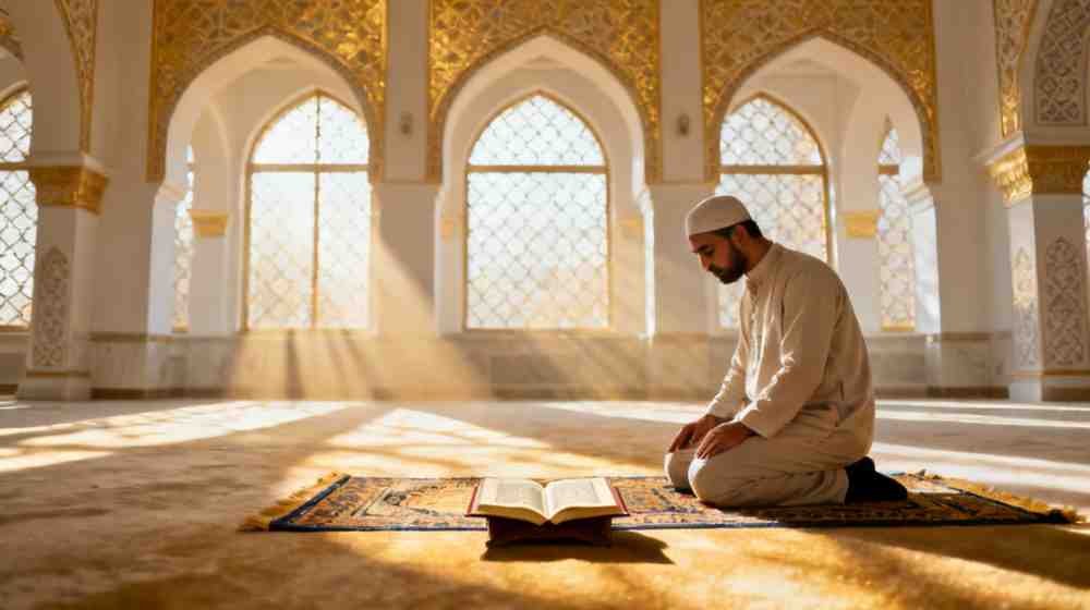 Serene mosque prayer scene reflecting tawakkul in worship
