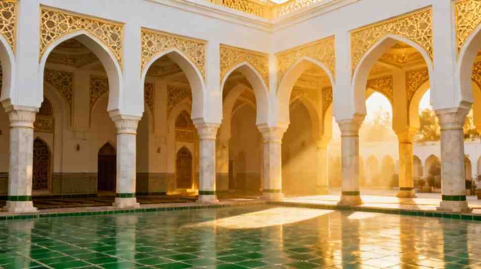 Peaceful mosque arches with soft sunbeams and subtle patterns.