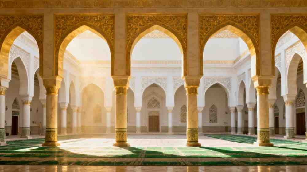 Serene mosque arches with soft sunlight, reflecting Allah’s blessings