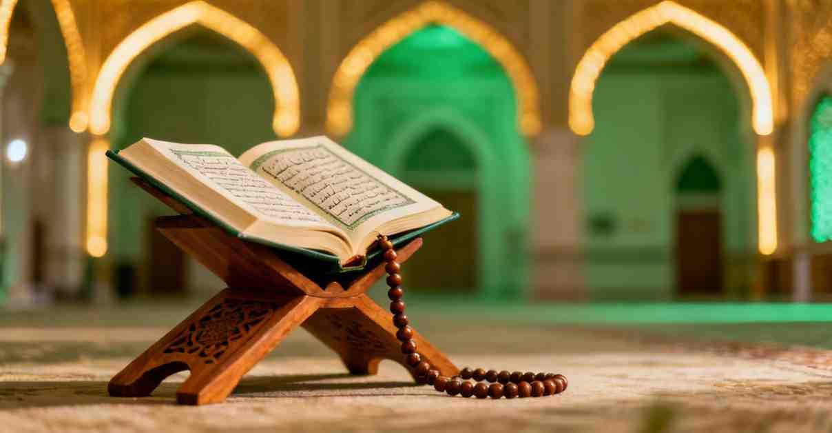 Open Quran with tasbih under warm light, symbolic of short Allah quotes in English.